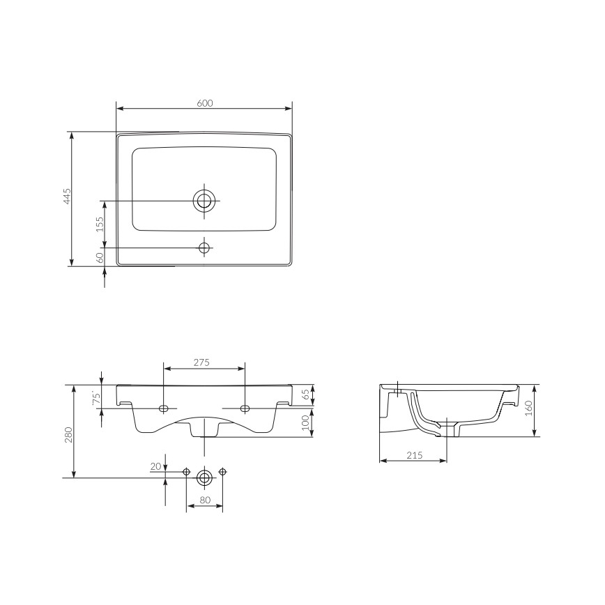 Cersanit K114-006 - Built-in washbasin CREA 44.5 x 60 cm, ceramic / glossy white