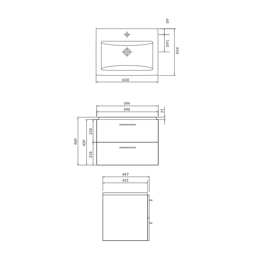 Cersanit S801-148-DSM - LARA 60 x 45 cm wall-hung bathroom cabinet with basin, walnut