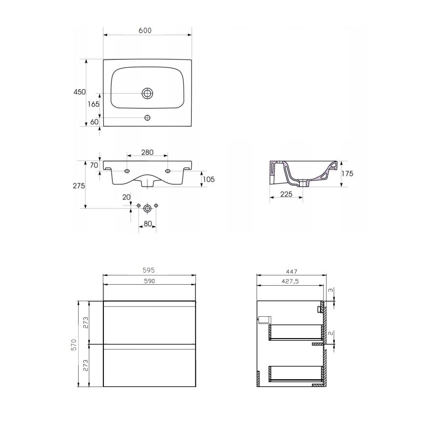 Cersanit S801-223-DSM - MODUO 60x45 cm wall-mounted bathroom vanity with basin, glossy white