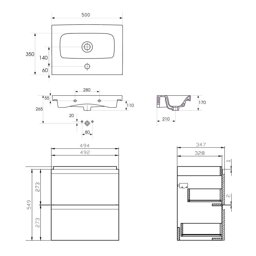 Cersanit S801-229-DSM - MODUO SLIM wall-mounted bathroom vanity with basin, 50x62x35 cm, glossy white