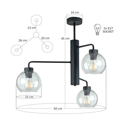 Chandelier on a pole FLEX 3xE27/60W/230V black/clear