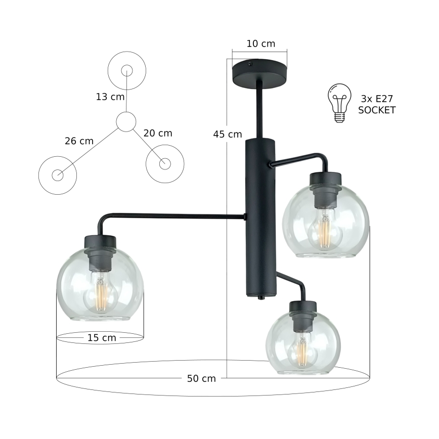 Chandelier on a pole FLEX 3xE27/60W/230V black/clear