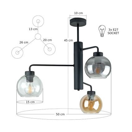 Chandelier on a pole FLEX 3xE27/60W/230V black/smoky black/smoky beige/clear