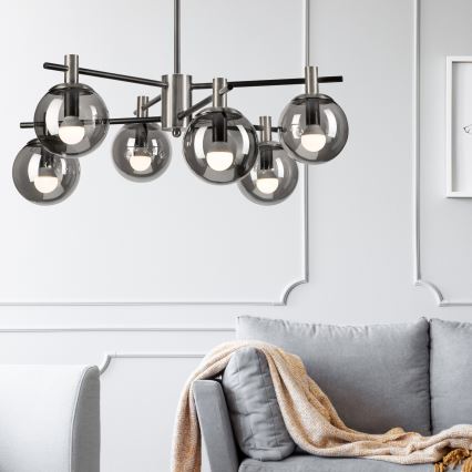 Chandelier on a pole LILOU 6xE14/5W/230V matte chrome/smoky