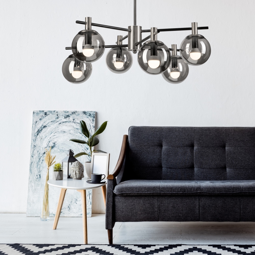 Chandelier on a pole LILOU 6xE14/5W/230V matte chrome/smoky