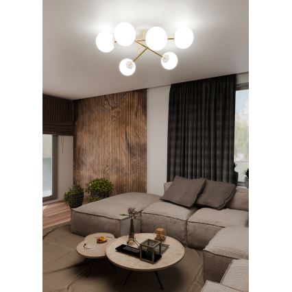 Chandelier on a pole MAGNUM 6xE14/10W/230V white/gold