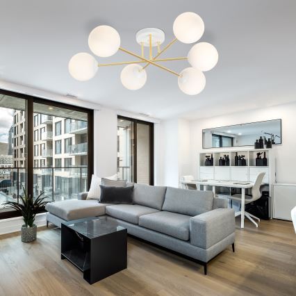 Chandelier on a pole MAGNUM 6xE14/10W/230V white/gold
