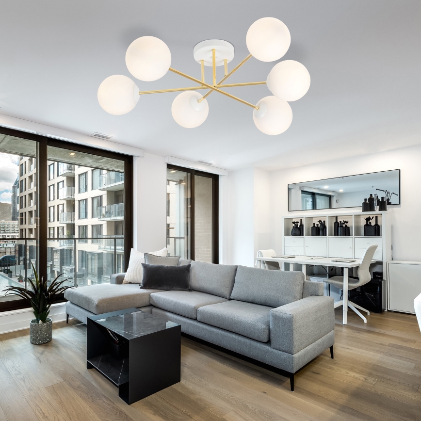 Chandelier on a pole MAGNUM 6xE14/10W/230V white/gold