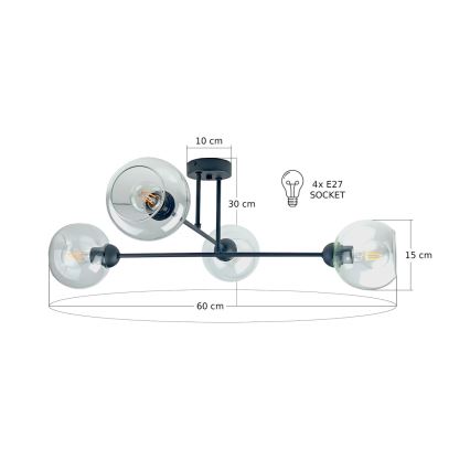 Chandelier on a pole VASCO 4xE27/60W/230V black/clear