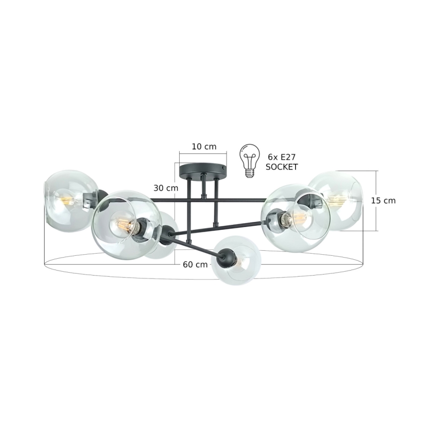 Chandelier on a pole VASCO 6xE27/60W/230V black/clear