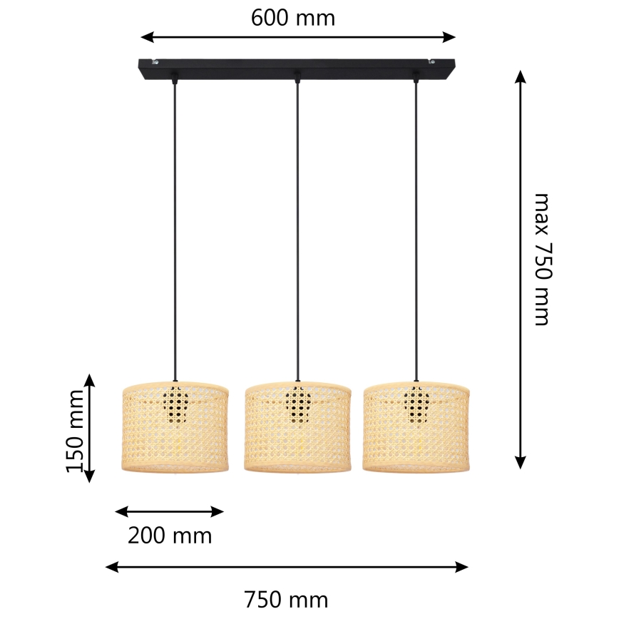 Chandelier on a string ALBA 3xE27/15W/230V rattan/black