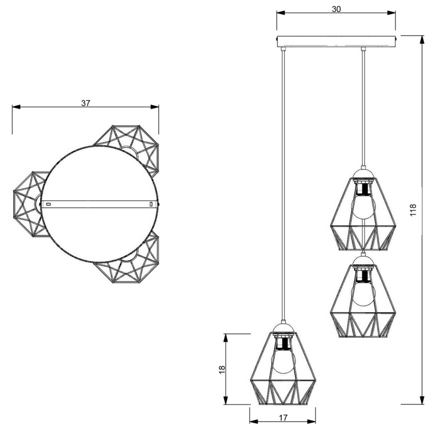 Chandelier on a string BERGEN 3xE27/60W/230V black/gold