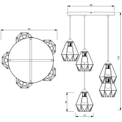 Chandelier on a string BERGEN 5xE27/60W/230V black/golden