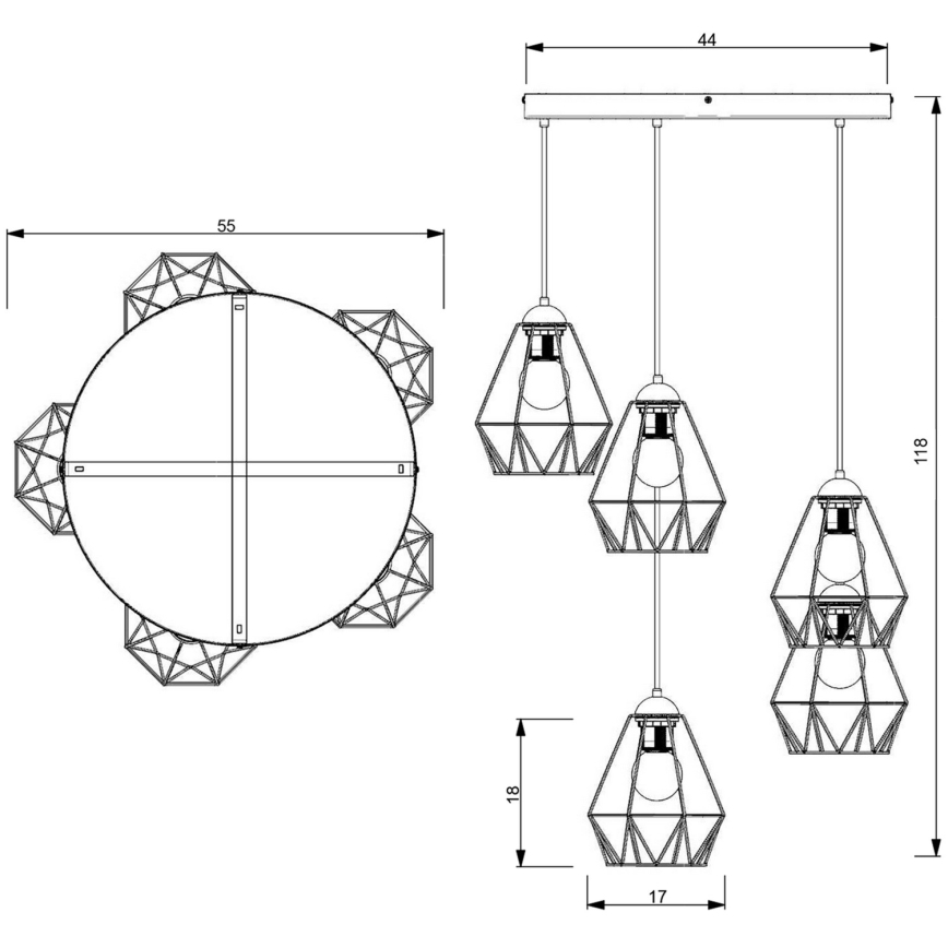 Chandelier on a string BERGEN 5xE27/60W/230V black/golden
