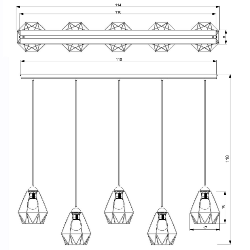 Chandelier on a string BERGEN 5xE27/60W/230V black/shiny chrome