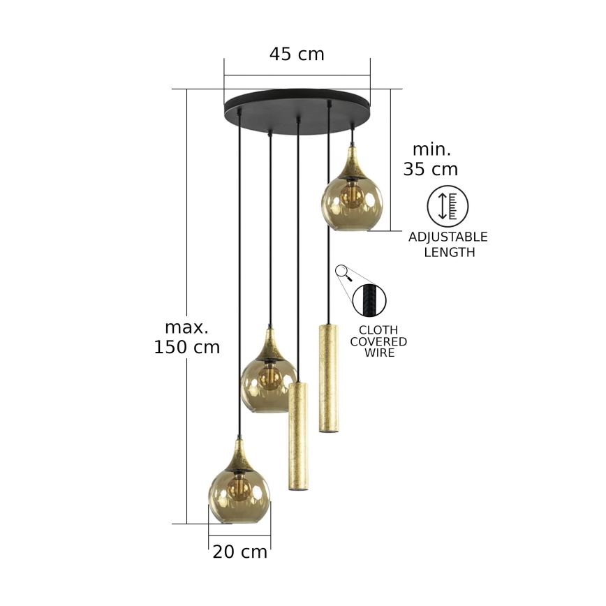 Chandelier on a string CALYPSO 2xGU10/60W/230V + 3xE27/60W black/gold
