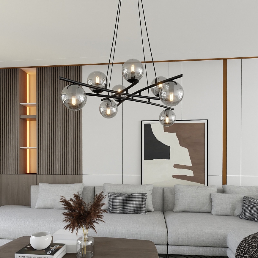 Chandelier on a string ESSA 8xE14/10W/230V black/smoky