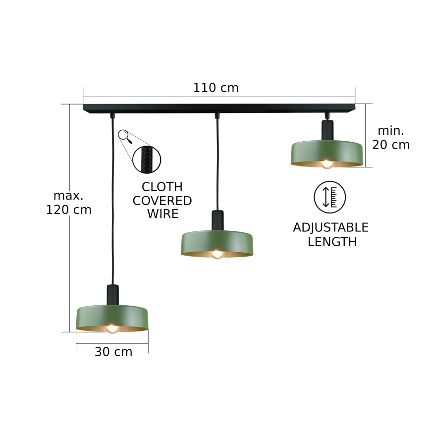 Chandelier on a string HAKI 3xE27/60W/230V green/black