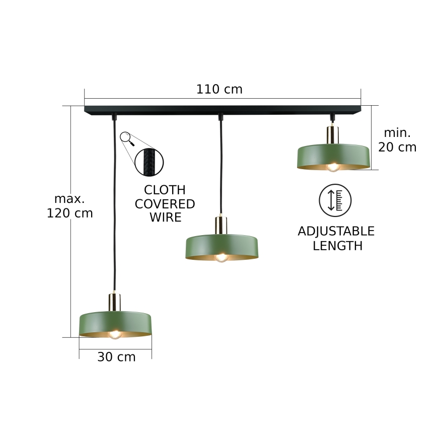 Chandelier on a string HAKI 3xE27/60W/230V green/black/shiny chrome