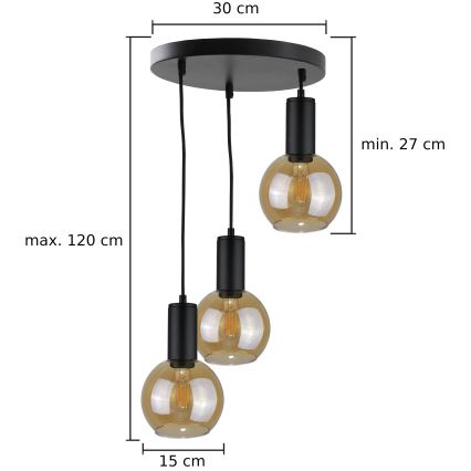 Chandelier on a string JANTAR BLACK 3xE27/60W/230V d. 30 cm