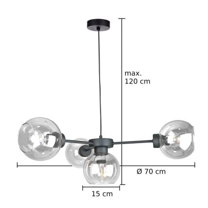 Chandelier on a string KALIOPE 4xE27/60W/230V black/clear