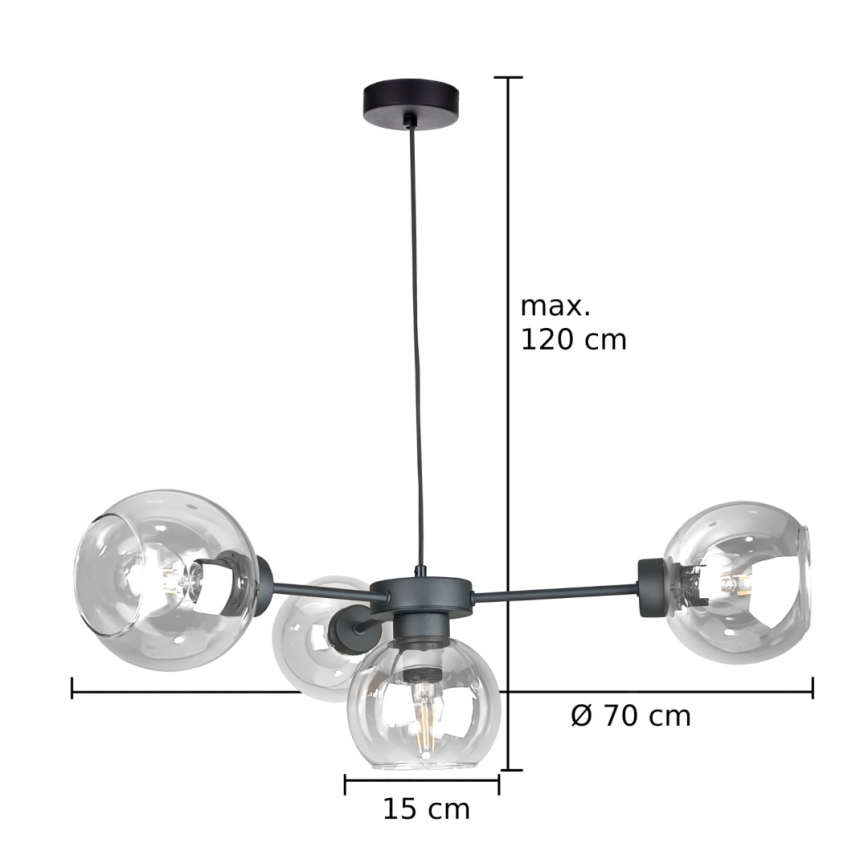 Chandelier on a string KALIOPE 4xE27/60W/230V black/clear