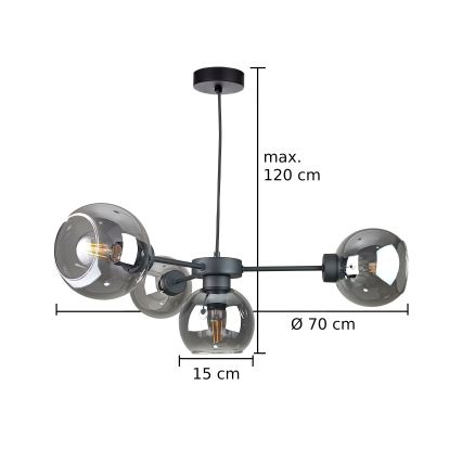 Chandelier on a string KALIOPE 4xE27/60W/230V black/smoky black