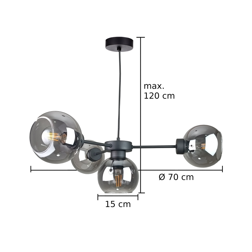 Chandelier on a string KALIOPE 4xE27/60W/230V black/smoky black