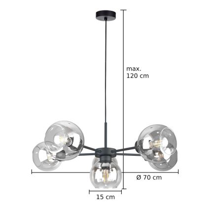 Chandelier on a string KALIOPE 6xE27/60W/230V black/clear