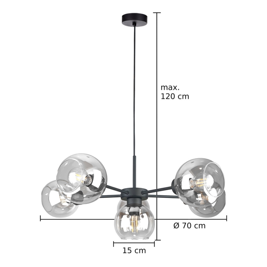 Chandelier on a string KALIOPE 6xE27/60W/230V black/clear