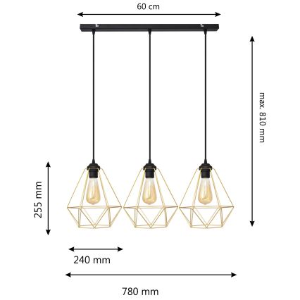 Chandelier on a string KARO 3xE27/15W/230V gold/black