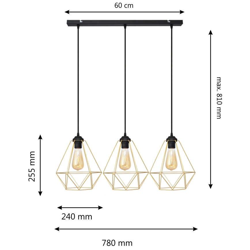 Chandelier on a string KARO 3xE27/15W/230V gold/black