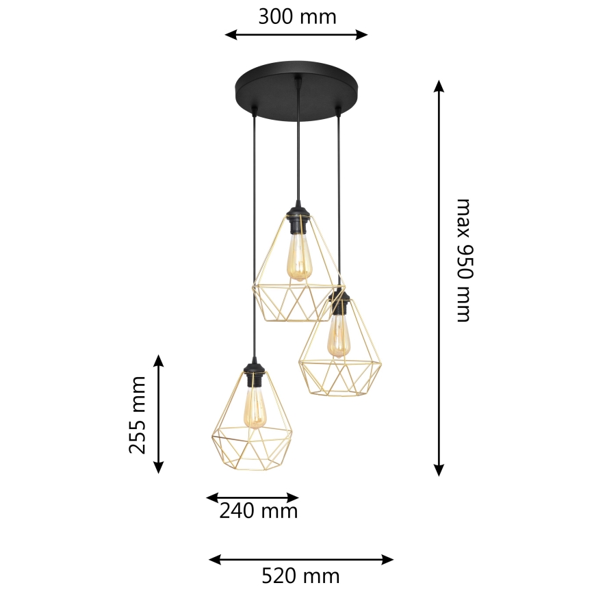 Chandelier on a string KARO 3xE27/15W/230V gold/black