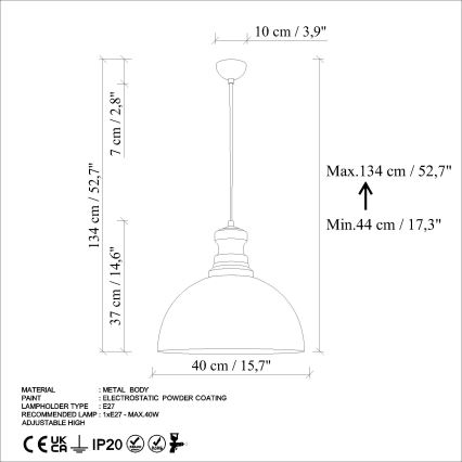 Chandelier on a string KURE 1xE27/40W/230V d. 40 cm grey