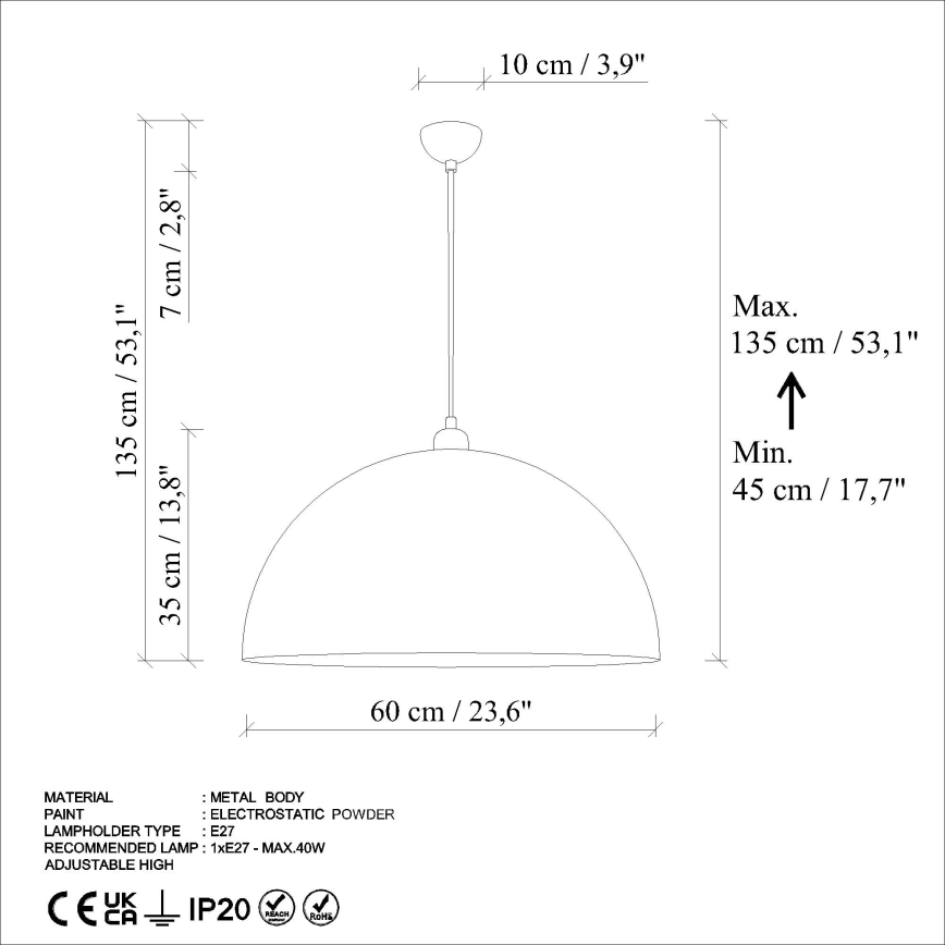 Chandelier on a string KURE 1xE27/40W/230V d. 60 cm grey