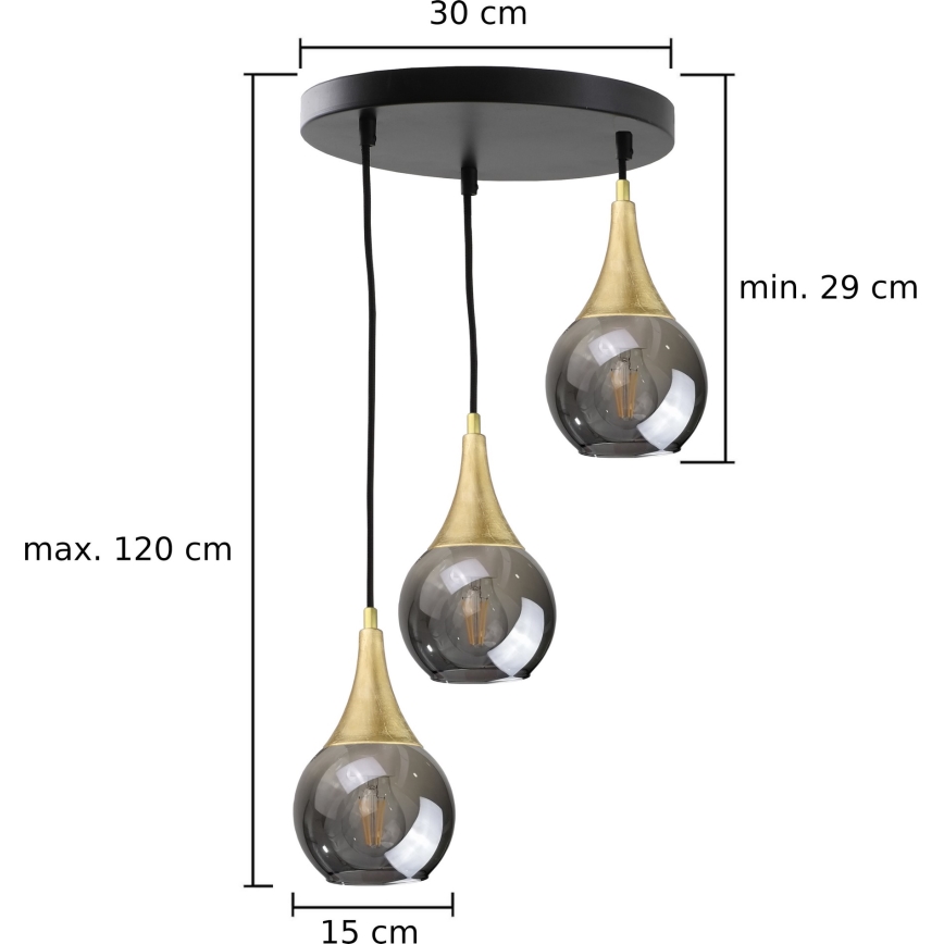 Chandelier on a string LACRIMA SMOKY 3xE27/60W/230V d. 30 cm