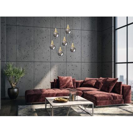 Chandelier on a string LACRIMA SMOKY 6xE27/60W/230V black/gold/smoky black