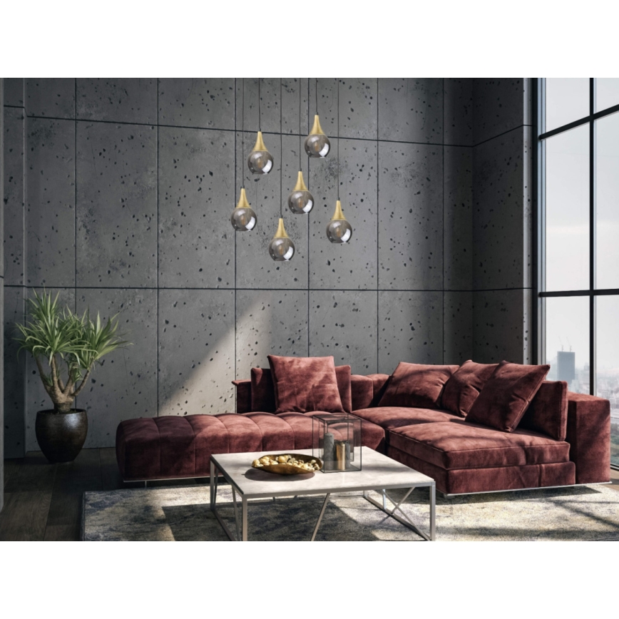 Chandelier on a string LACRIMA SMOKY 6xE27/60W/230V black/gold/smoky black