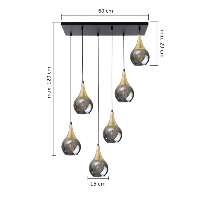 Chandelier on a string LACRIMA SMOKY 6xE27/60W/230V black/gold/smoky black