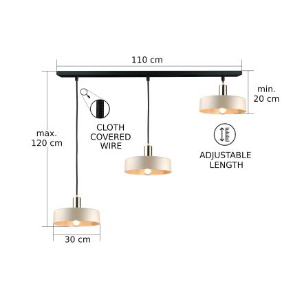 Chandelier on a string LATTE 3xE27/60W/230V beige/black/shiny chrome