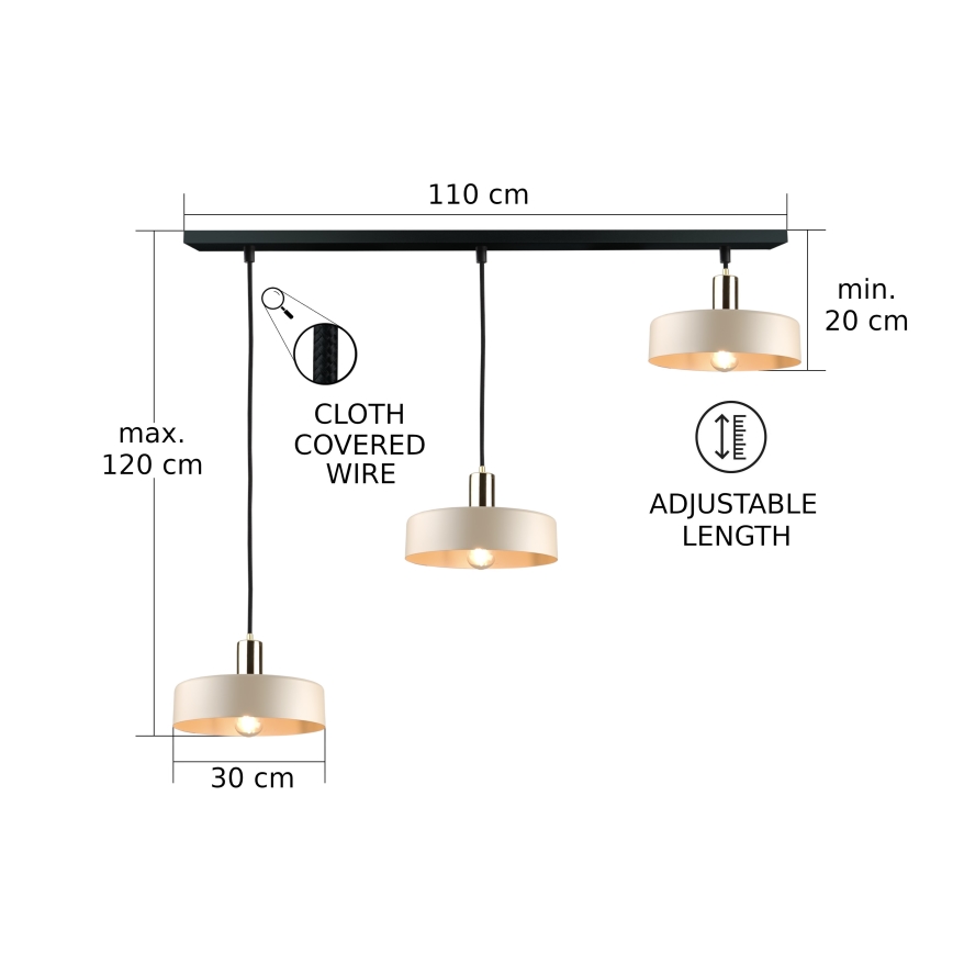 Chandelier on a string LATTE 3xE27/60W/230V beige/black/shiny chrome