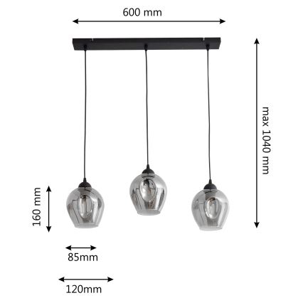 Chandelier on a string LILI 3xE27/15W/230V black/grey