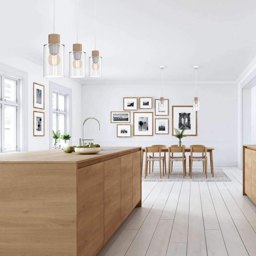Chandelier on a string MADERA 3xE27/60W/230V white/wood