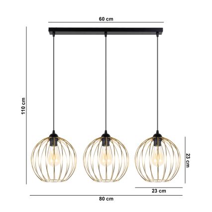 Chandelier on a string MATT 3xE27/60W/230V black/gold