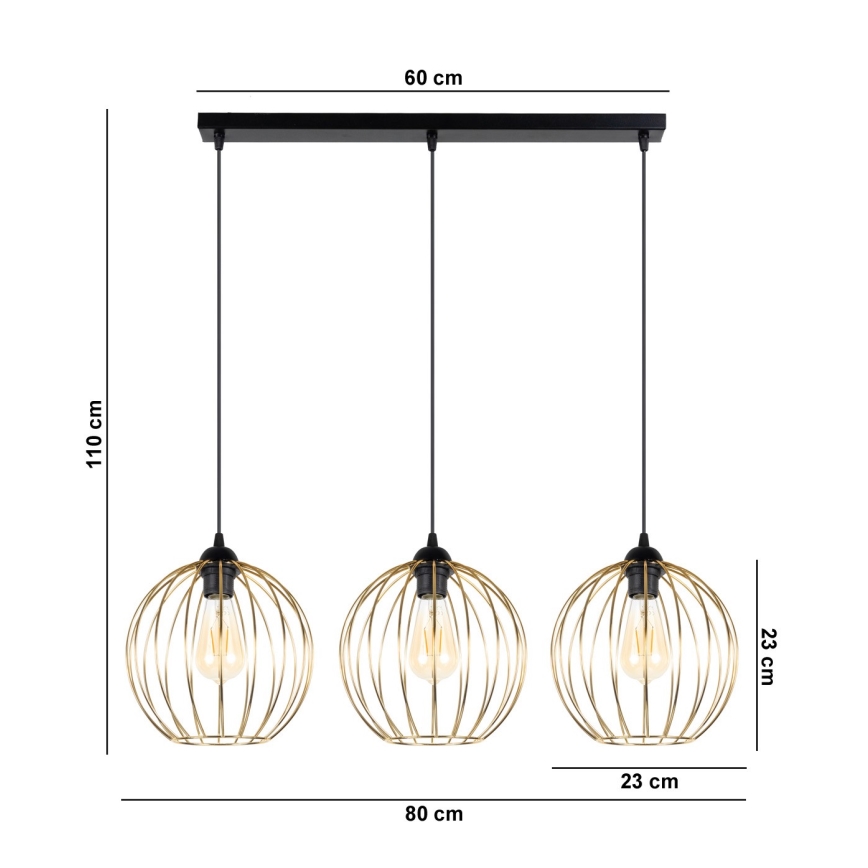 Chandelier on a string MATT 3xE27/60W/230V black/gold