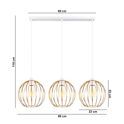 Chandelier on a string MATT 3xE27/60W/230V white/copper