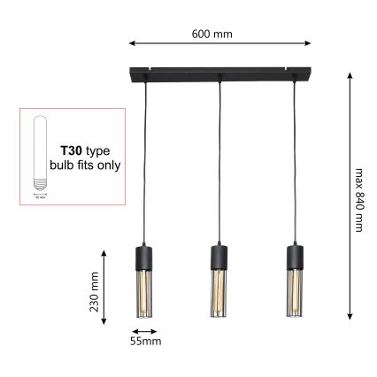 Chandelier on a string MELODY 3xE27/15W/230V black