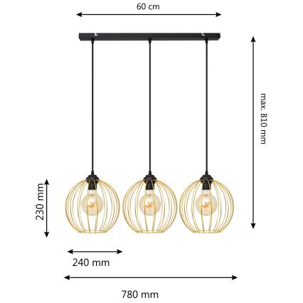 Chandelier on a string MERCURE 3xE27/15W/230V gold/black