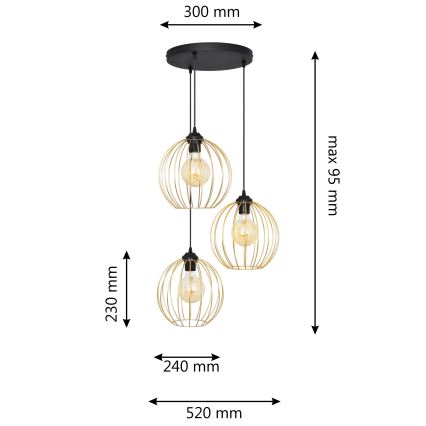 Chandelier on a string MERCURE 3xE27/15W/230V gold/black