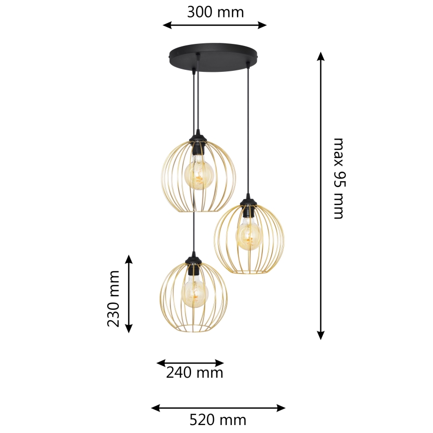 Chandelier on a string MERCURE 3xE27/15W/230V gold/black